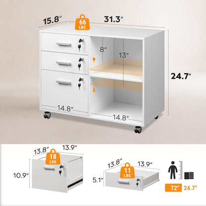 DEVAISE 3-Drawer File Cabinet with Lock, Mobile Wood Filing Cabinet, White