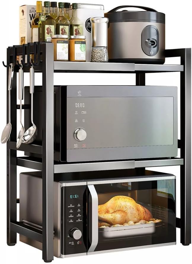 3-Tier Microwave Oven Rack – Adjustable Metal Kitchen Shelf Stand for Countertop Storage, Heavy-Duty Steel Microwave Shelf with 6 Hooks for Utensils, Toaster, Air Fryer, Oven (Black)