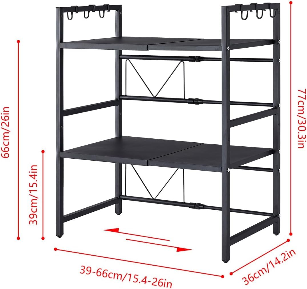 3-Tier Microwave Oven Rack – Adjustable Metal Kitchen Shelf Stand for Countertop Storage, Heavy-Duty Steel Microwave Shelf with 6 Hooks for Utensils, Toaster, Air Fryer, Oven (Black)