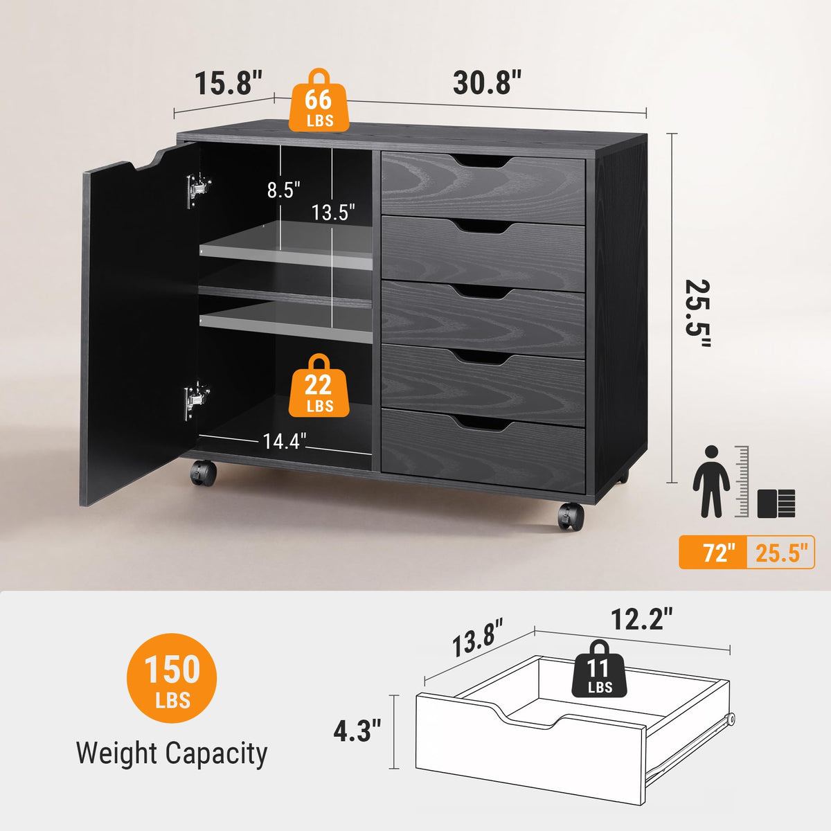 DEVAISE 5-Drawer Wood Drawer Cabinet, Office Storage Cabinet, Black