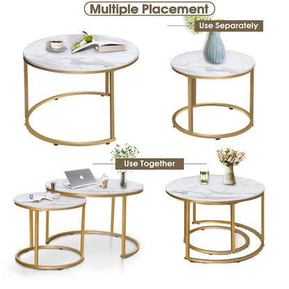 Garden 4 you Round Nesting Coffee Table Set of 2 for Living Room,Marble Center Tea Nest of Table with Metal Frame,End Side table for Small Space/Living Room/Bedroom, White Gold, 60 x 60 x 50.5cm
