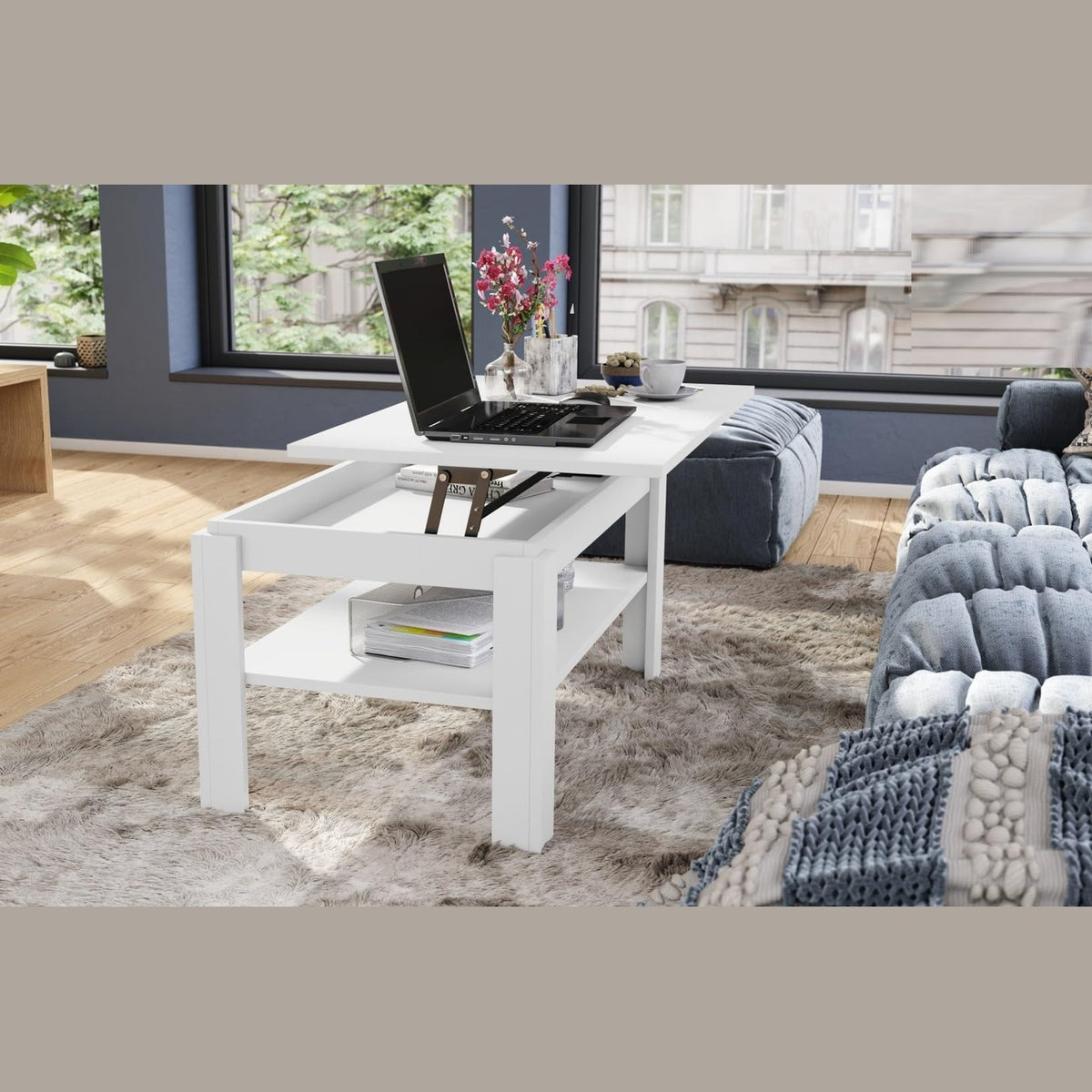 designimpex Asti-P Designer Coffee Table Height-Adjustable 55-67 cm Dining Table Matt White