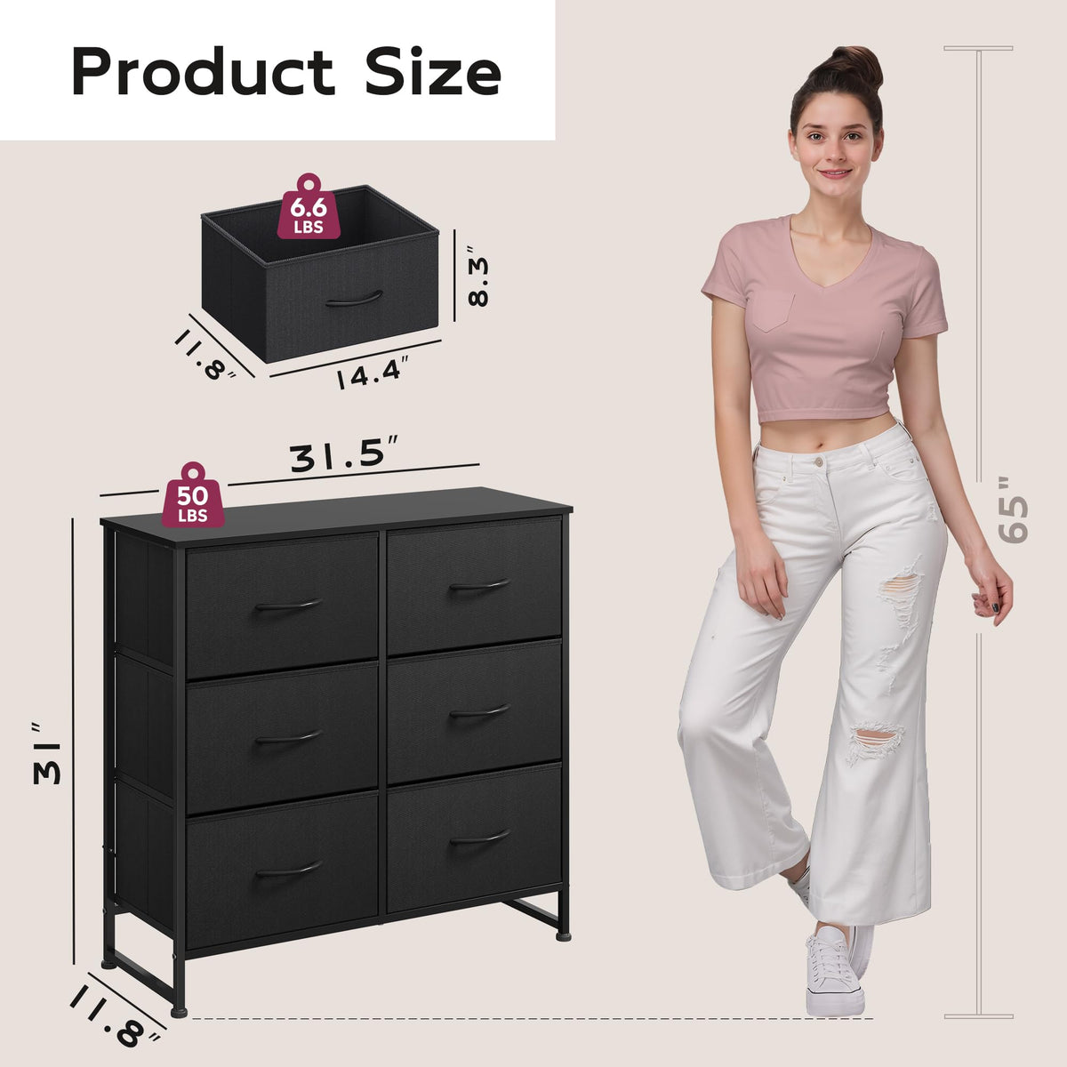 WLIVE Black Fabric Dresser for Bedroom, 6 Drawer Dressers Chest of Drawers