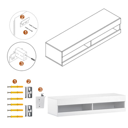 I0I&I0I TV Stand with LED Lights, Floating Entertainment Center Media Console, Wall Mounted High Gloss Modern Storage Shelf for up to 65‘’ TV (White)