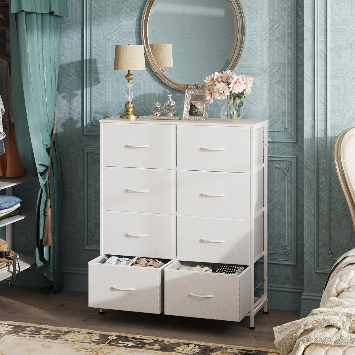 WLIVE 8 Drawer White Fabric Dresser for Bedroom, Tall Storage Tower