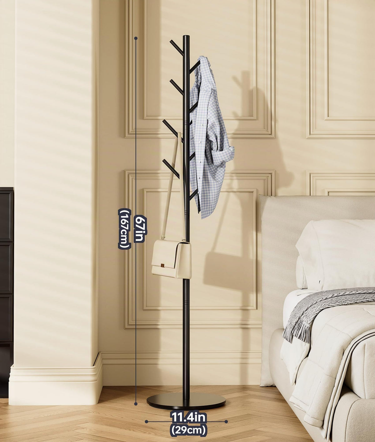 Coat Stand with 8 Hooks - 3 Height Adjustable - Modern Clothes Rack Made of Sturdy Metal with Sintered Stone Base for Office and Bedroom - Ideal for Coats, Hats and Bags