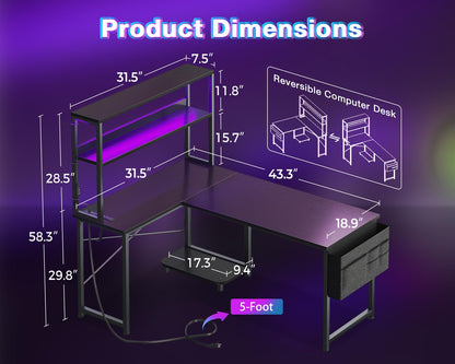 AODK L Shaped Desk Gaming Desk with LED Light & Power Outlet