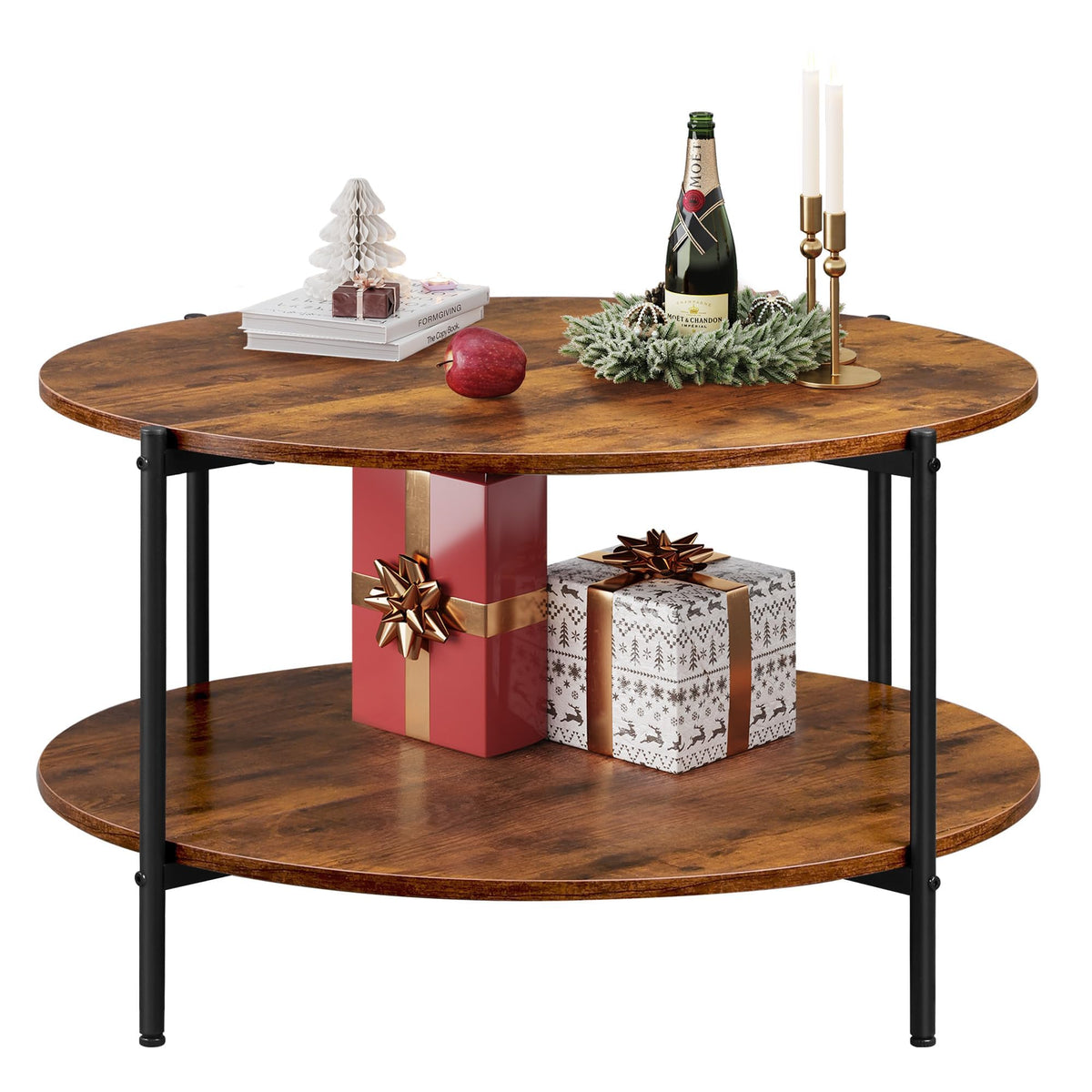 WLIVE Round Coffee Table, 32.6" Small Coffee Table with Storage Shelf, 2-Tier Circle Wood Center Table for Living Room, Apartment, Rustic Brown (Rustic Brown, 32.6" D x 32.6" W x 17.5" H)