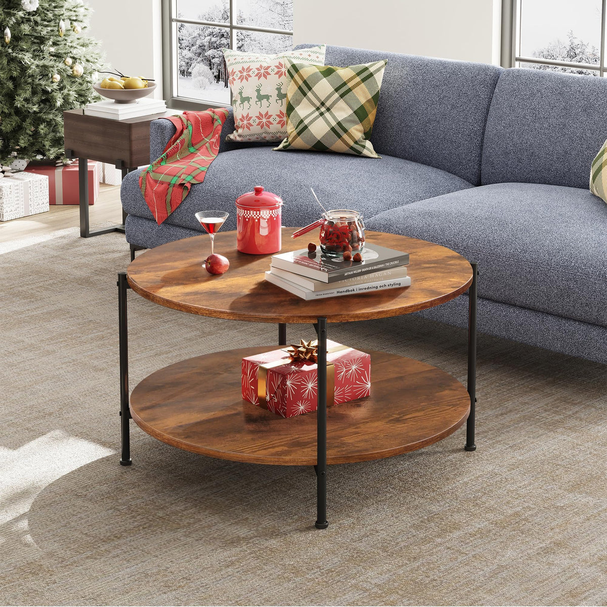 WLIVE Round Coffee Table, 32.6" Small Coffee Table with Storage Shelf, 2-Tier Circle Wood Center Table for Living Room, Apartment, Rustic Brown (Rustic Brown, 32.6" D x 32.6" W x 17.5" H)
