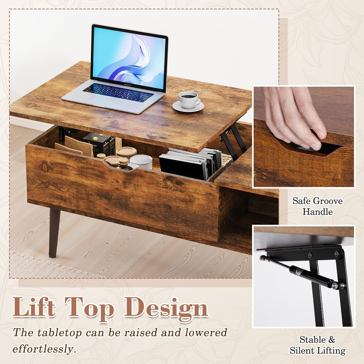 OLIXIS Wooden Coffee Table, Lift Top Coffee Table with Large Hidden Compartment and Ample Storage Shelf, Lift Tabletop Dining Table for Living Room, Home Small Space, Rustic