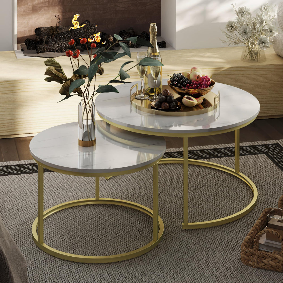 Otterease Nesting Tables Set of 2, Small Round Coffee Table for Living Room