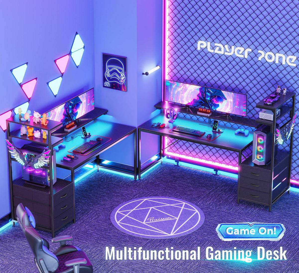PRAISUN 61.7" Gaming Desk with LED Lights & Outlets, Computer Desk with 3 Fabric Drawers, PC Desk with PC Case Stand & Movable Storage Shelves, Monitor Stand, Reversible, Carbon Fiber Black