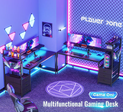 PRAISUN 61.7" Gaming Desk with LED Lights & Outlets, Computer Desk with 3 Fabric Drawers, PC Desk with PC Case Stand & Movable Storage Shelves, Monitor Stand, Reversible, Carbon Fiber Black
