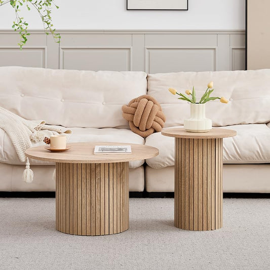 GrandCA HOME Set of 2 Round Stackable Drum Style Coffee Tables for Living Room, Bedroom, Balcony and Office, Mid-Century Modern Style, Natural Wood Grain