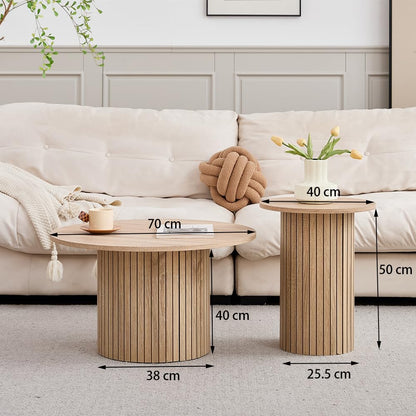 GrandCA HOME Set of 2 Round Stackable Drum Style Coffee Tables for Living Room, Bedroom, Balcony and Office, Mid-Century Modern Style, Natural Wood Grain