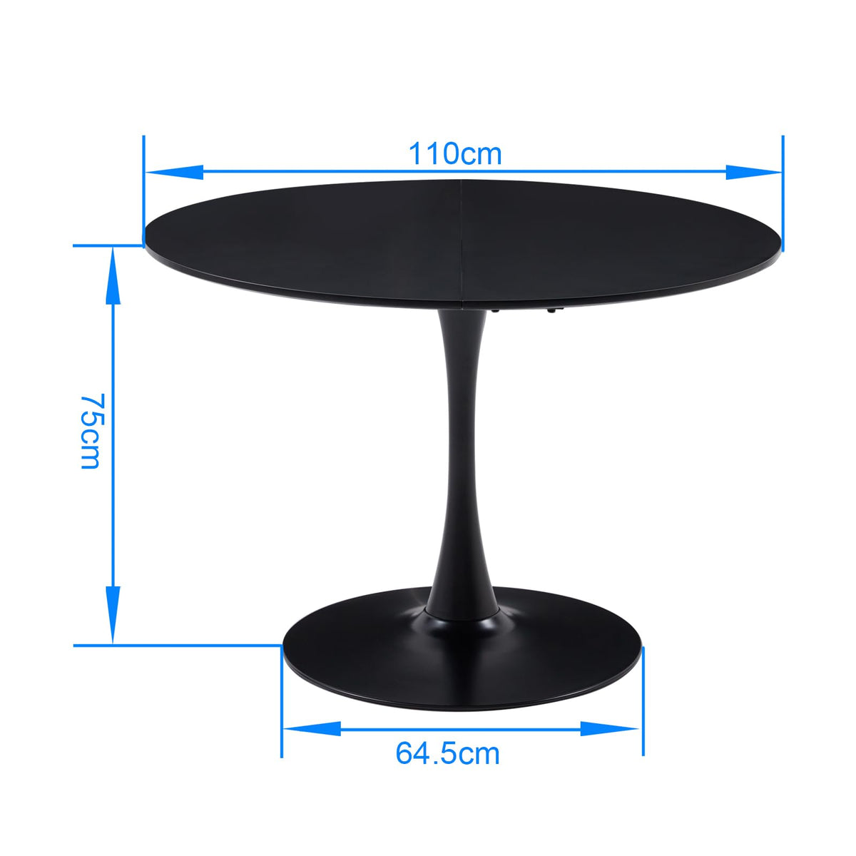 GrandCA HOME 110 cm Round Dining Table, Black, Large Table for 6-8 People, MDF Table Top with Sturdy Iron Legs, Suitable for Kitchen, Living Room, Dining Room, Cafe (Black)