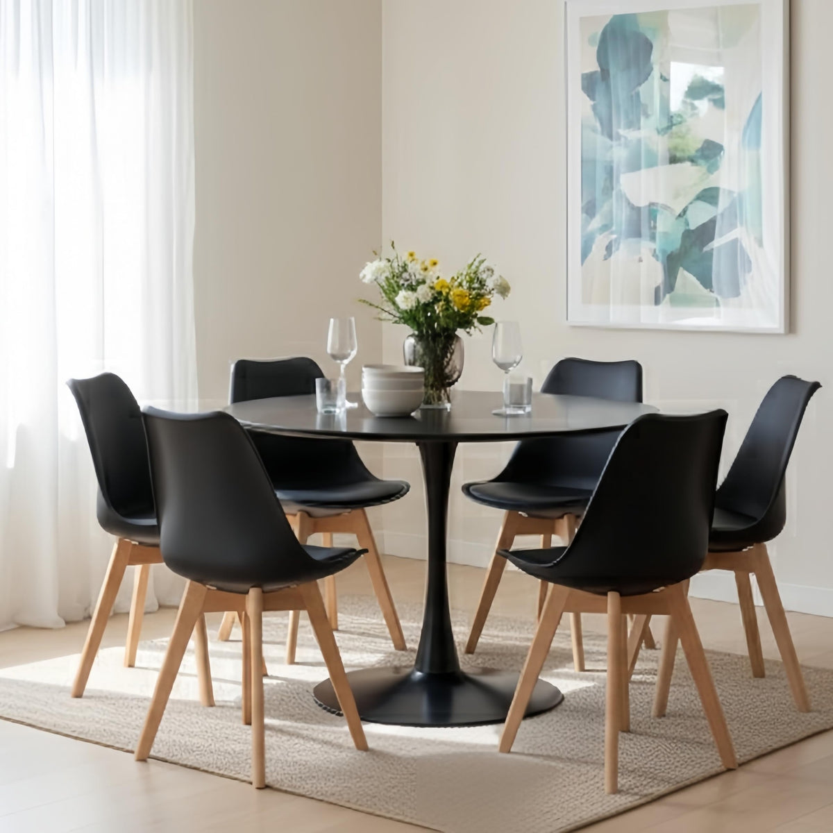 GrandCA HOME 110 cm Round Dining Table, Black, Large Table for 6-8 People, MDF Table Top with Sturdy Iron Legs, Suitable for Kitchen, Living Room, Dining Room, Cafe (Black)