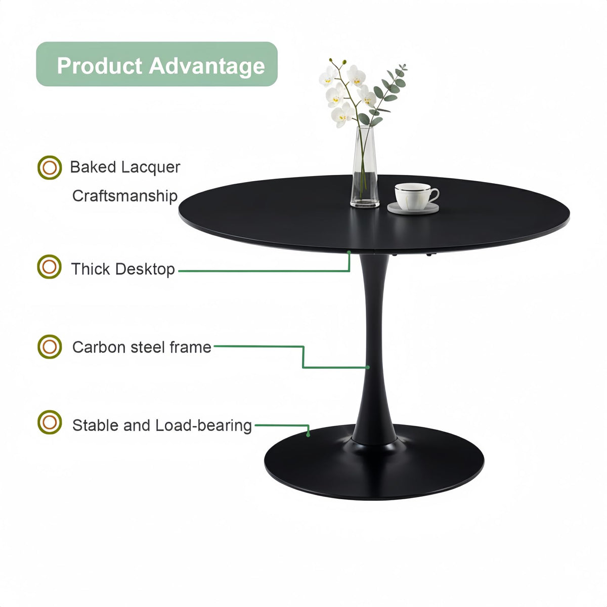 GrandCA HOME 110 cm Round Dining Table, Black, Large Table for 6-8 People, MDF Table Top with Sturdy Iron Legs, Suitable for Kitchen, Living Room, Dining Room, Cafe (Black)