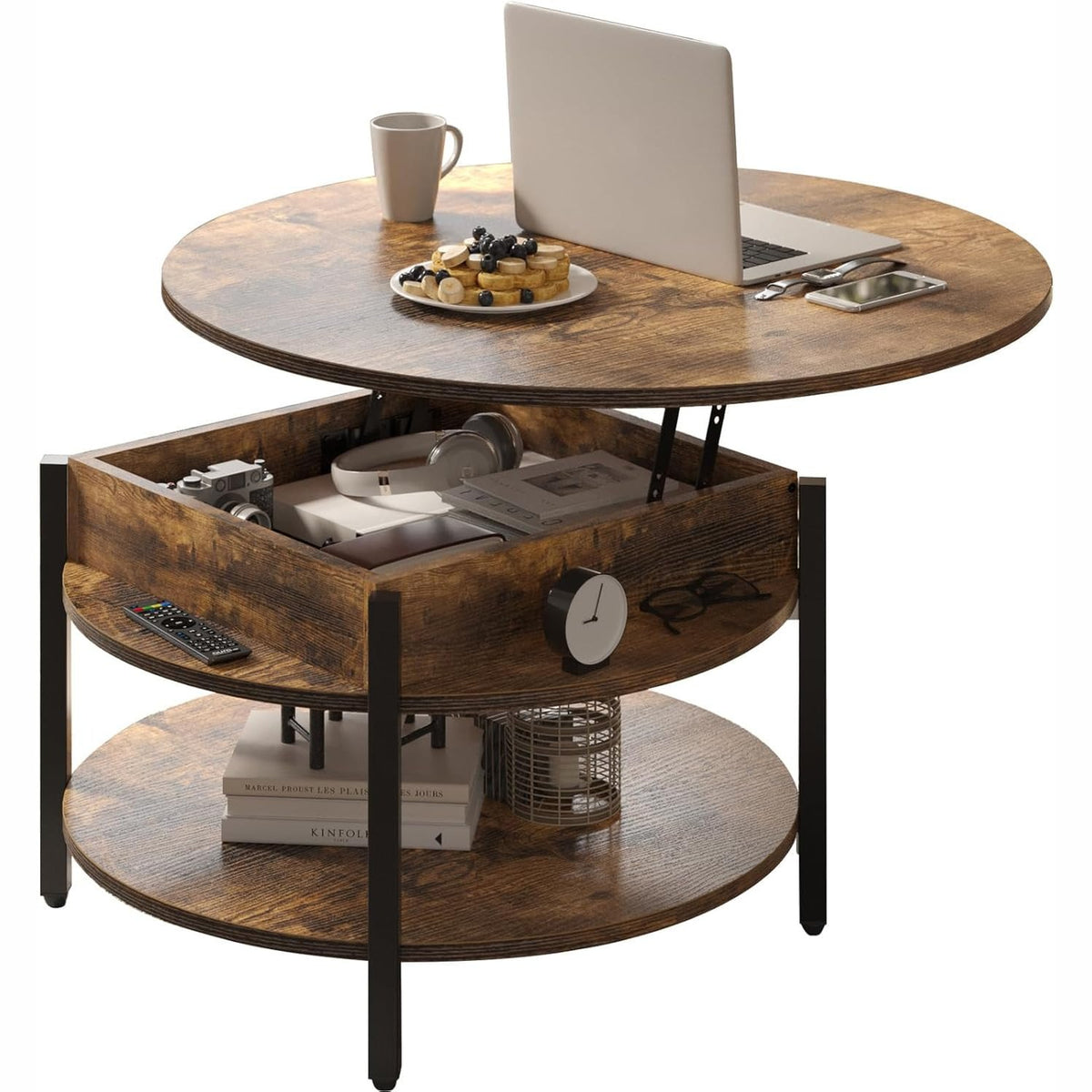 FABATO Round Lift Top Coffee Table with Storage and Hidden Compartment, 27 Inch Rustic Style Coffee Table for Living Room, Reception Room, Small Round Coffee Table 2 Tier Brown