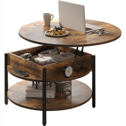 FABATO Round Lift Top Coffee Table with Storage and Hidden Compartment, 27 Inch Rustic Style Coffee Table for Living Room, Reception Room, Small Round Coffee Table 2 Tier Brown