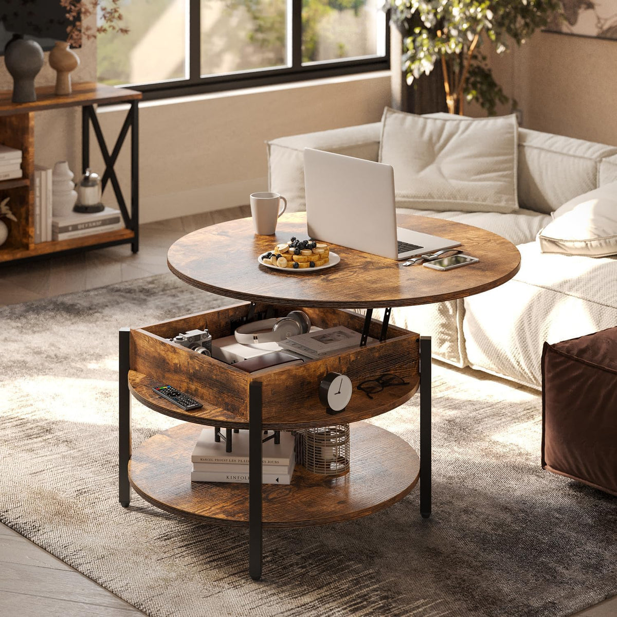 FABATO Round Lift Top Coffee Table with Storage and Hidden Compartment, 27 Inch Rustic Style Coffee Table for Living Room, Reception Room, Small Round Coffee Table 2 Tier Brown