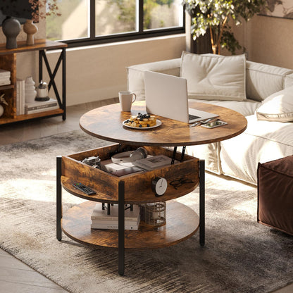 FABATO Round Lift Top Coffee Table with Storage and Hidden Compartment, 27 Inch Rustic Style Coffee Table for Living Room, Reception Room, Small Round Coffee Table 2 Tier Brown