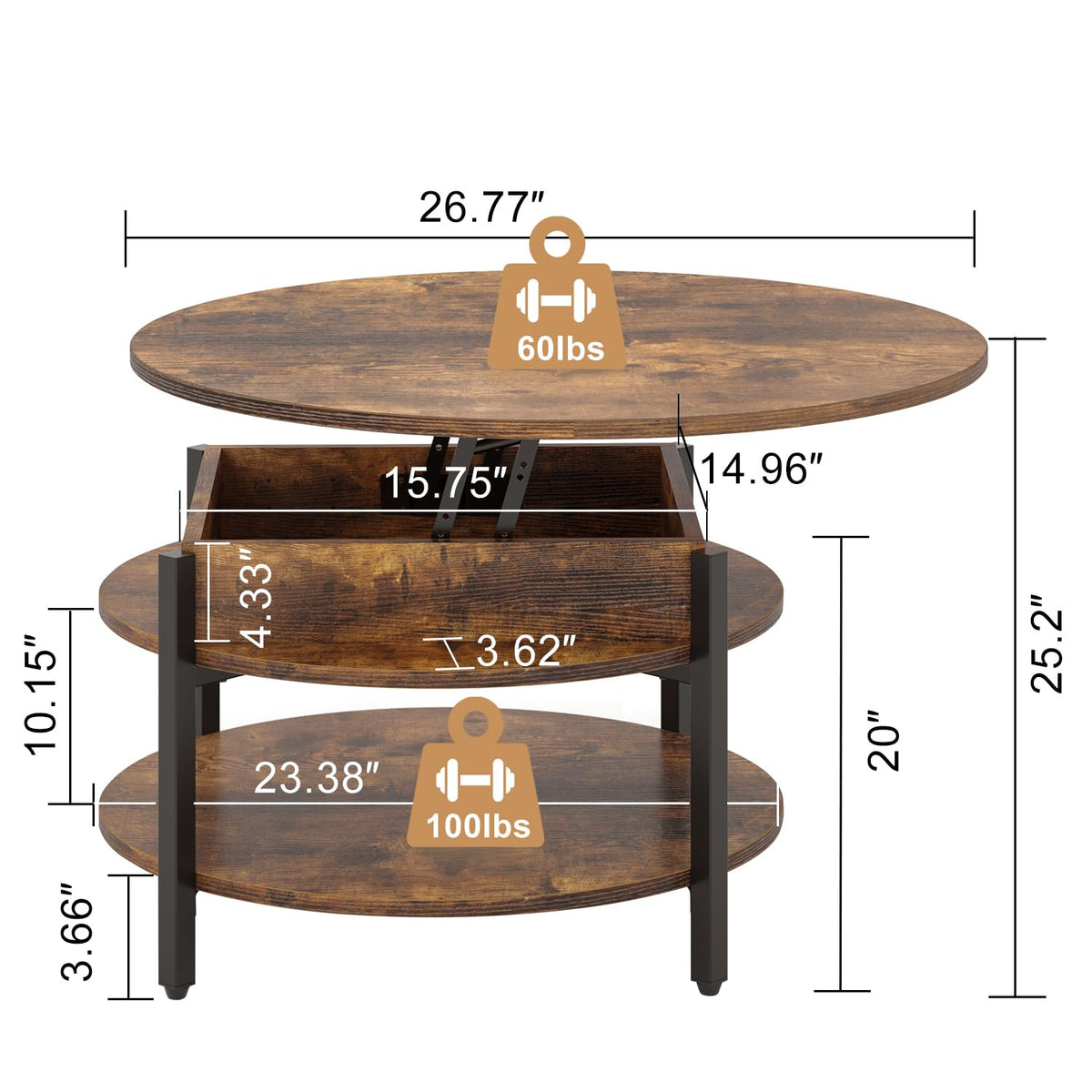 FABATO Round Lift Top Coffee Table with Storage and Hidden Compartment, 27 Inch Rustic Style Coffee Table for Living Room, Reception Room, Small Round Coffee Table 2 Tier Brown