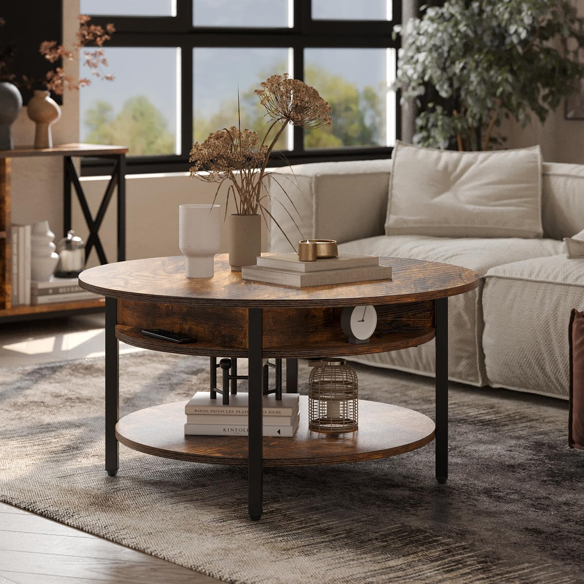 FABATO Round Lift Top Coffee Table with Storage and Hidden Compartment, 27 Inch Rustic Style Coffee Table for Living Room, Reception Room, Small Round Coffee Table 2 Tier Brown