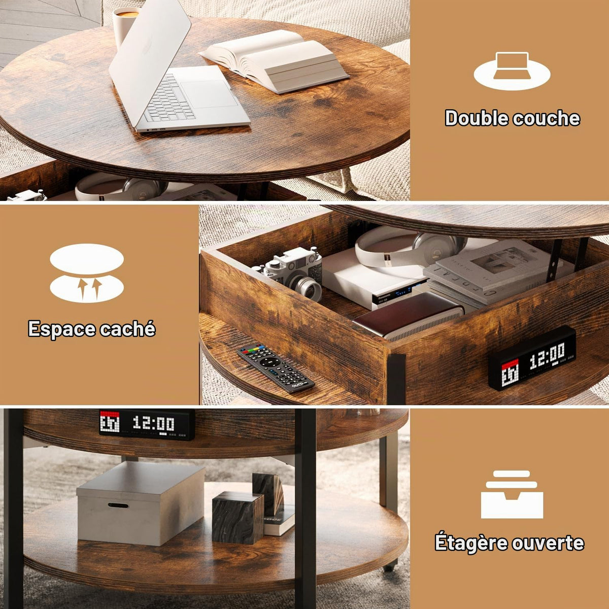 FABATO Round Lift Top Coffee Table with Storage and Hidden Compartment, 27 Inch Rustic Style Coffee Table for Living Room, Reception Room, Small Round Coffee Table 2 Tier Brown