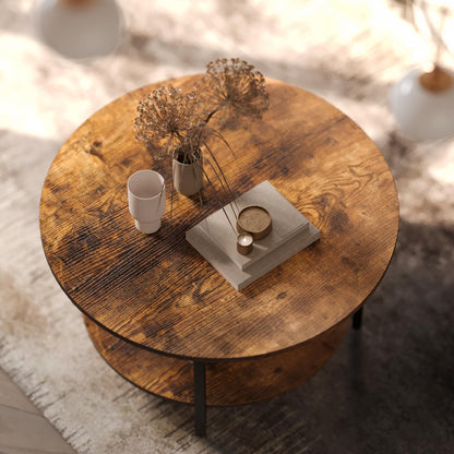 FABATO Round Lift Top Coffee Table with Storage and Hidden Compartment, 27 Inch Rustic Style Coffee Table for Living Room, Reception Room, Small Round Coffee Table 2 Tier Brown