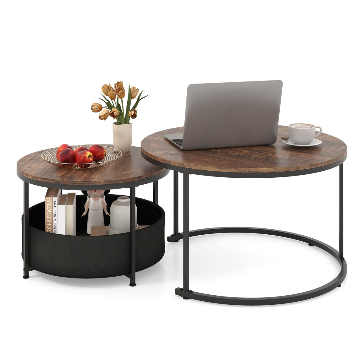 COSTWAY Round Nesting Coffee Tables Set of 2, Stackable Sofa Side Table with Metal Frame & Fabric Storage Basket, Modern Accent Snack Tea End Table for Living Room Bedroom (Rustic Brown + Black)