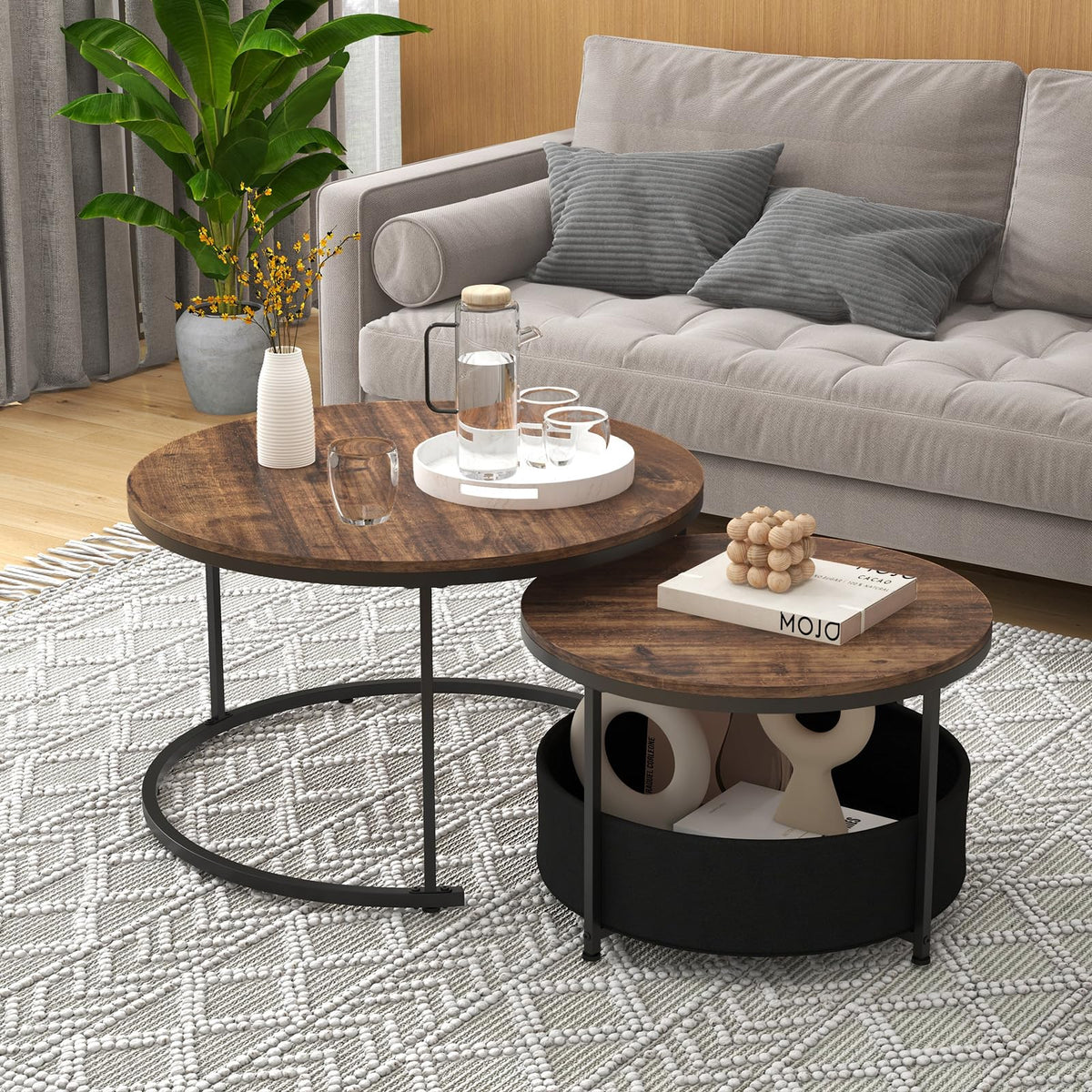 COSTWAY Round Nesting Coffee Tables Set of 2, Stackable Sofa Side Table with Metal Frame & Fabric Storage Basket, Modern Accent Snack Tea End Table for Living Room Bedroom (Rustic Brown + Black)