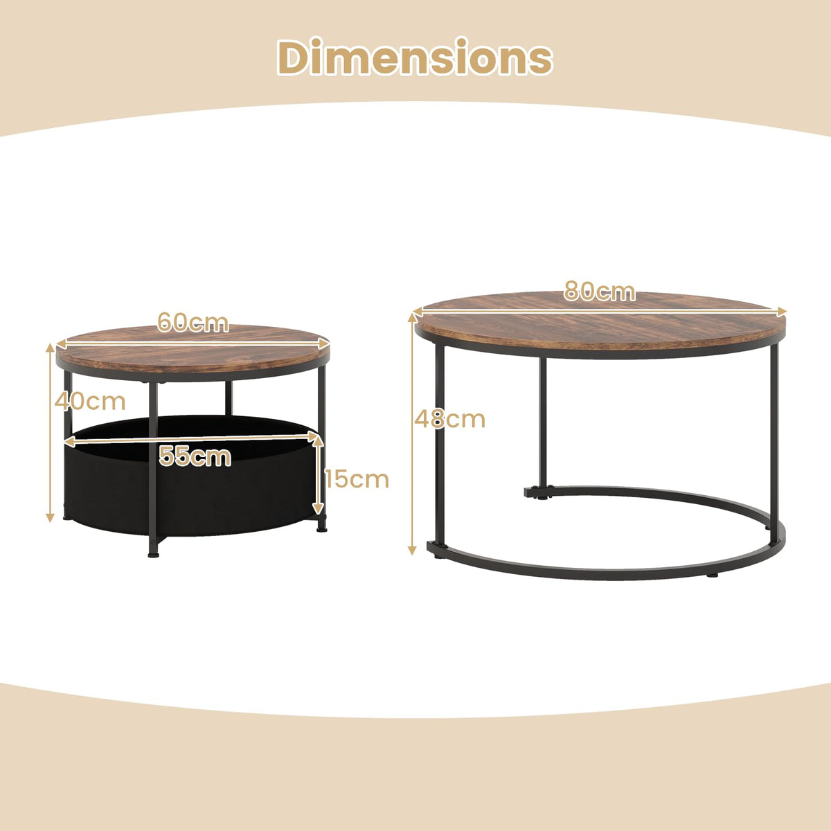 COSTWAY Round Nesting Coffee Tables Set of 2, Stackable Sofa Side Table with Metal Frame & Fabric Storage Basket, Modern Accent Snack Tea End Table for Living Room Bedroom (Rustic Brown + Black)