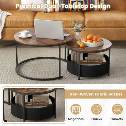 COSTWAY Round Nesting Coffee Tables Set of 2, Stackable Sofa Side Table with Metal Frame & Fabric Storage Basket, Modern Accent Snack Tea End Table for Living Room Bedroom (Rustic Brown + Black)