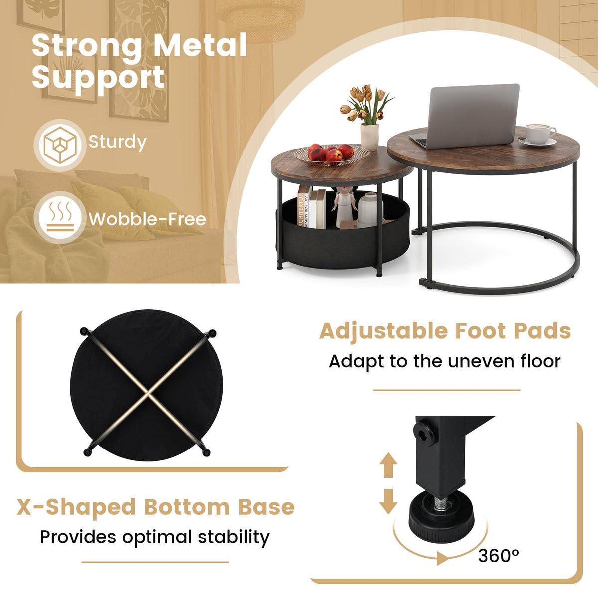 COSTWAY Round Nesting Coffee Tables Set of 2, Stackable Sofa Side Table with Metal Frame & Fabric Storage Basket, Modern Accent Snack Tea End Table for Living Room Bedroom (Rustic Brown + Black)