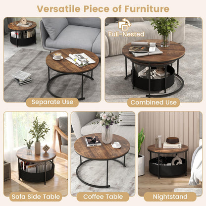 COSTWAY Round Nesting Coffee Tables Set of 2, Stackable Sofa Side Table with Metal Frame & Fabric Storage Basket, Modern Accent Snack Tea End Table for Living Room Bedroom (Rustic Brown + Black)