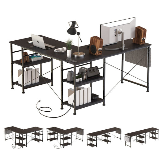 Tbfit L Shaped Desk Corner Desk,90 Inch Reversible Home Office Desk with Storage Shelves, Large Computer Gaming Desk with Power Outlet, 2 Person Long Writing Study Table Workstation, Black
