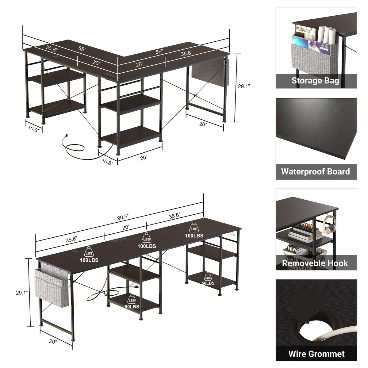 Tbfit L Shaped Desk Corner Desk,90 Inch Reversible Home Office Desk with Storage Shelves, Large Computer Gaming Desk with Power Outlet, 2 Person Long Writing Study Table Workstation, Black