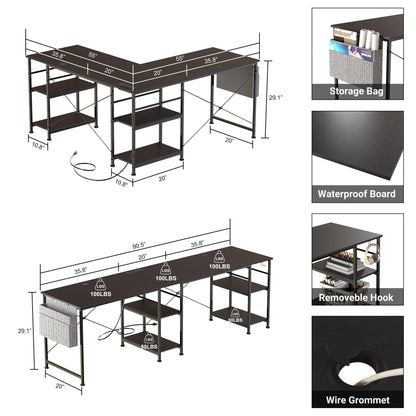 Tbfit L Shaped Desk Corner Desk,90 Inch Reversible Home Office Desk with Storage Shelves, Large Computer Gaming Desk with Power Outlet, 2 Person Long Writing Study Table Workstation, Black