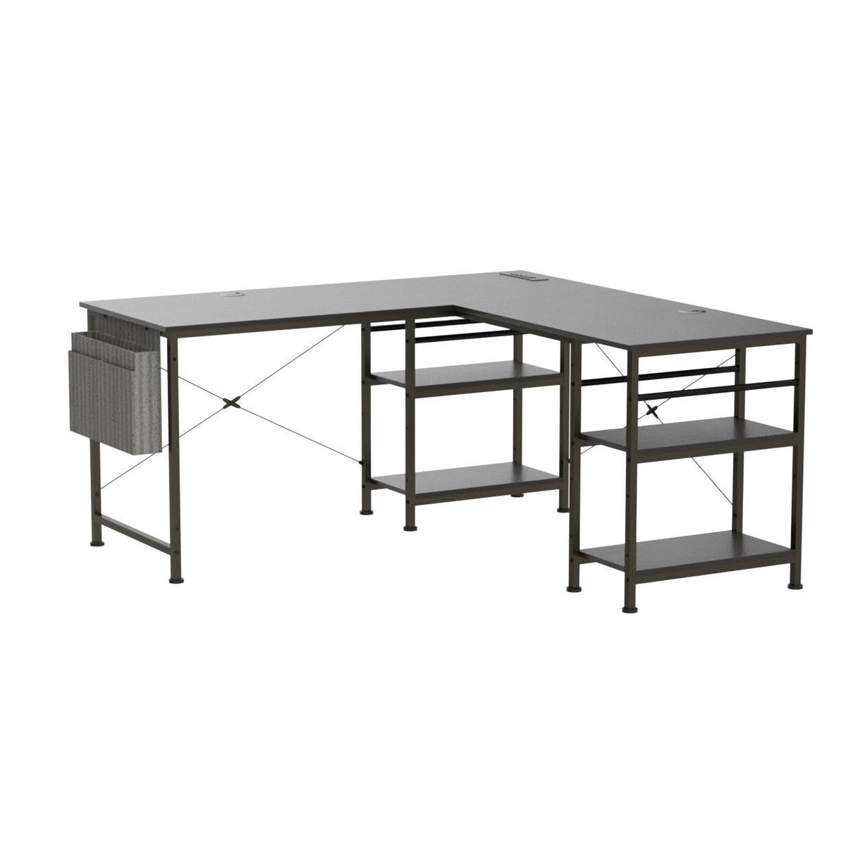 Tbfit L Shaped Desk Corner Desk,90 Inch Reversible Home Office Desk with Storage Shelves, Large Computer Gaming Desk with Power Outlet, 2 Person Long Writing Study Table Workstation, Black