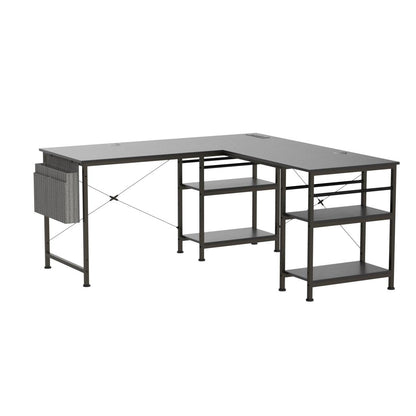 Tbfit L Shaped Desk Corner Desk,90 Inch Reversible Home Office Desk with Storage Shelves, Large Computer Gaming Desk with Power Outlet, 2 Person Long Writing Study Table Workstation, Black