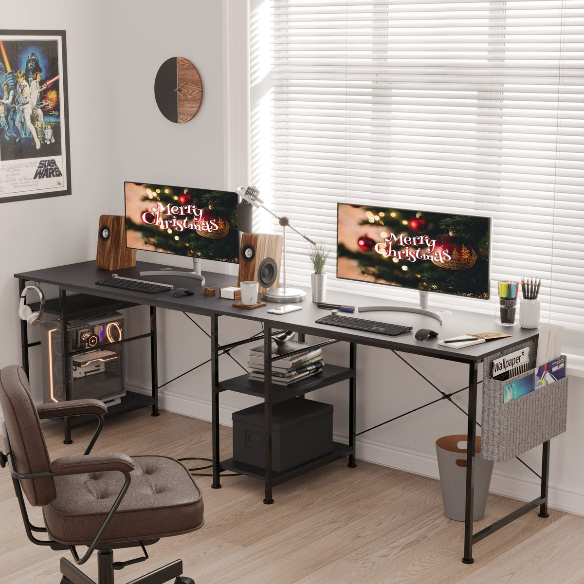 Tbfit L Shaped Desk Corner Desk,90 Inch Reversible Home Office Desk with Storage Shelves, Large Computer Gaming Desk with Power Outlet, 2 Person Long Writing Study Table Workstation, Black