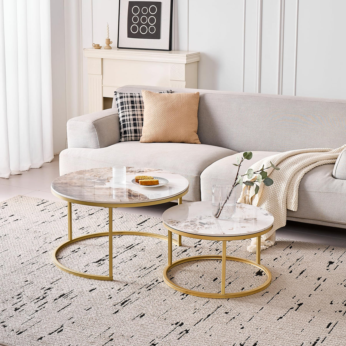 Set of 2 Round Nesting Coffee Tables with Technical Ceramic Top (Not MDF), Side Tables Ideal for Living Room, Bedroom, Balcony (Pandora+Gold), 60 x 80 cm