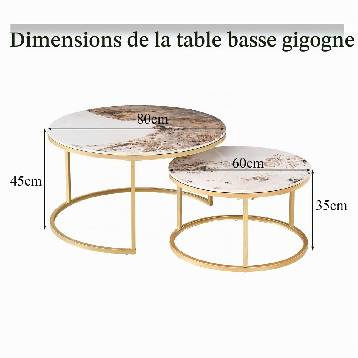 Set of 2 Round Nesting Coffee Tables with Technical Ceramic Top (Not MDF), Side Tables Ideal for Living Room, Bedroom, Balcony (Pandora+Gold), 60 x 80 cm