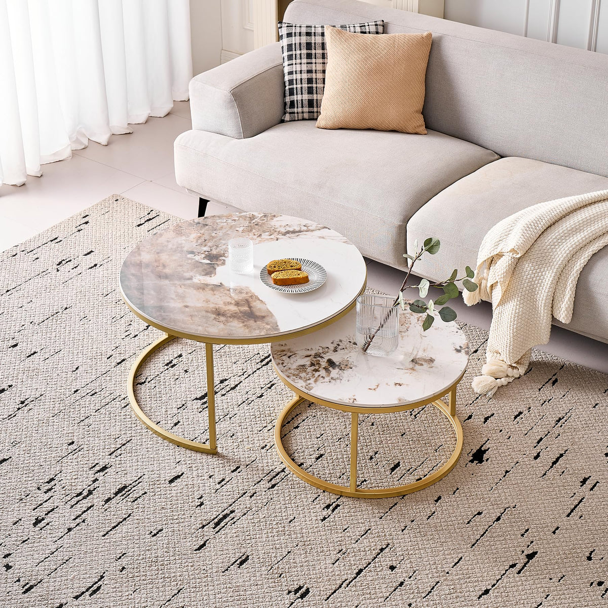 Set of 2 Round Nesting Coffee Tables with Technical Ceramic Top (Not MDF), Side Tables Ideal for Living Room, Bedroom, Balcony (Pandora+Gold), 60 x 80 cm