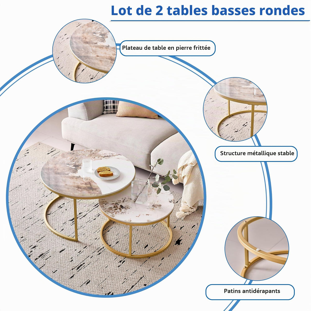 Set of 2 Round Nesting Coffee Tables with Technical Ceramic Top (Not MDF), Side Tables Ideal for Living Room, Bedroom, Balcony (Pandora+Gold), 60 x 80 cm