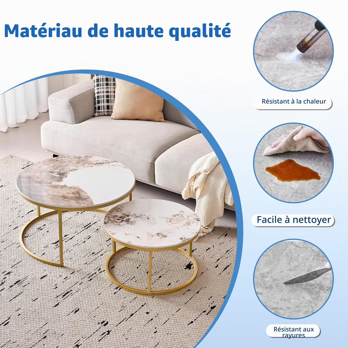 Set of 2 Round Nesting Coffee Tables with Technical Ceramic Top (Not MDF), Side Tables Ideal for Living Room, Bedroom, Balcony (Pandora+Gold), 60 x 80 cm