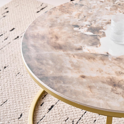 Set of 2 Round Nesting Coffee Tables with Technical Ceramic Top (Not MDF), Side Tables Ideal for Living Room, Bedroom, Balcony (Pandora+Gold), 60 x 80 cm