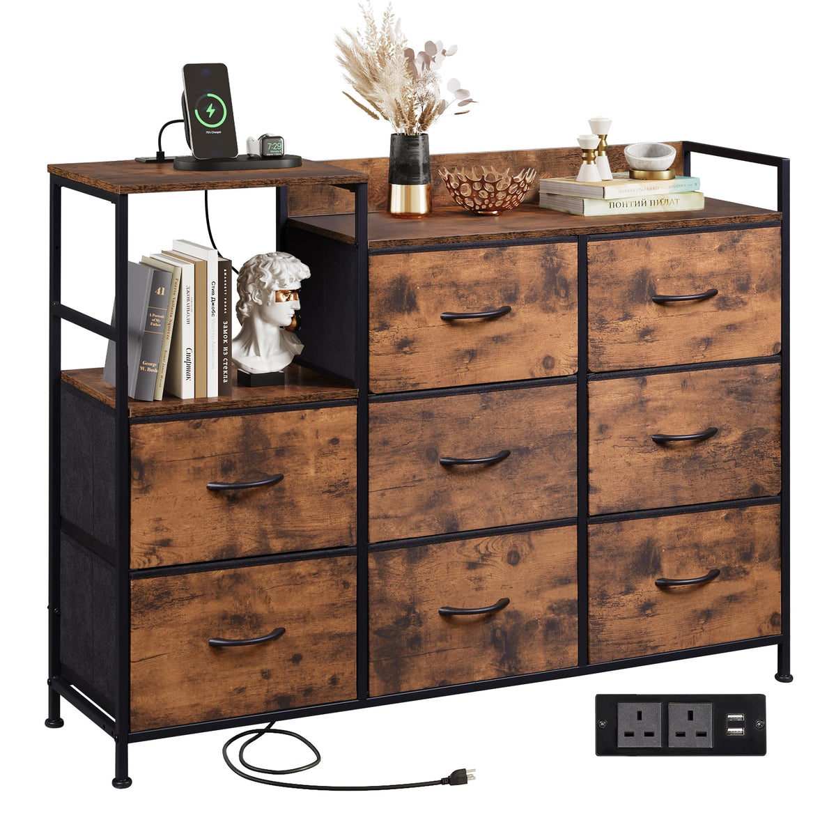 WLIVE Chest of Drawers with Charging Station, 8 Fabric Drawers, Brown