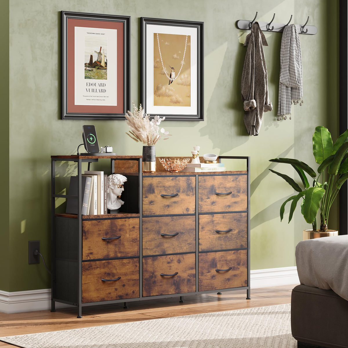 WLIVE Chest of Drawers with Charging Station, 8 Fabric Drawers, Brown